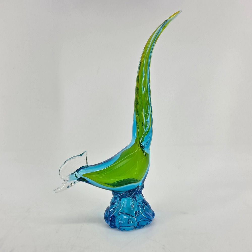 Murano Style Sommerso Art Glass Long Tail Bird Pheasant Figurine Blue Green MCM
